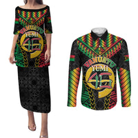 Vanuatu 46th Anniversary Independence Day Couples Matching Puletasi and Long Sleeve Button Shirt Melanesian Warrior With Sand Drawing Pattern LT05 Black - Polynesian Pride