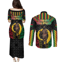 Vanuatu 46th Anniversary Independence Day Couples Matching Puletasi and Long Sleeve Button Shirt Melanesian Warrior With Sand Drawing Pattern LT05 - Polynesian Pride
