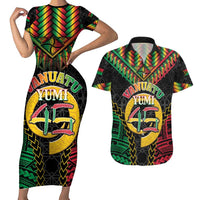 Vanuatu 46th Anniversary Independence Day Couples Matching Short Sleeve Bodycon Dress and Hawaiian Shirt Melanesian Warrior With Sand Drawing Pattern LT05 Black - Polynesian Pride
