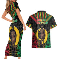 Vanuatu 46th Anniversary Independence Day Couples Matching Short Sleeve Bodycon Dress and Hawaiian Shirt Melanesian Warrior With Sand Drawing Pattern LT05 - Polynesian Pride