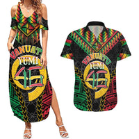 Vanuatu 46th Anniversary Independence Day Couples Matching Summer Maxi Dress and Hawaiian Shirt Melanesian Warrior With Sand Drawing Pattern LT05 Black - Polynesian Pride