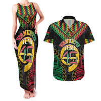 Vanuatu 46th Anniversary Independence Day Couples Matching Tank Maxi Dress and Hawaiian Shirt Melanesian Warrior With Sand Drawing Pattern LT05 Black - Polynesian Pride