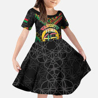 Vanuatu 46th Anniversary Independence Day Family Matching Off The Shoulder Long Sleeve Dress and Hawaiian Shirt Melanesian Warrior With Sand Drawing Pattern LT05 Daughter's Dress Black - Polynesian Pride