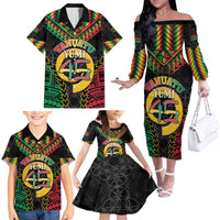 Vanuatu 46th Anniversary Independence Day Family Matching Off The Shoulder Long Sleeve Dress and Hawaiian Shirt Melanesian Warrior With Sand Drawing Pattern LT05 - Polynesian Pride