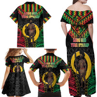 Vanuatu 45th Anniversary Independence Day Family Matching Off Shoulder Maxi Dress and Hawaiian Shirt Melanesian Warrior With Sand Drawing Pattern LT05