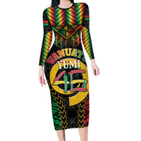 Vanuatu 46th Anniversary Independence Day Long Sleeve Bodycon Dress Melanesian Warrior With Sand Drawing Pattern LT05 Long Dress Black - Polynesian Pride