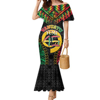 Vanuatu 46th Anniversary Independence Day Mermaid Dress Melanesian Warrior With Sand Drawing Pattern LT05 Women Black - Polynesian Pride