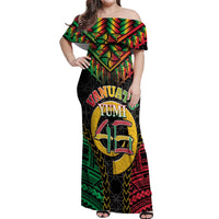 Vanuatu 46th Anniversary Independence Day Off Shoulder Maxi Dress Melanesian Warrior With Sand Drawing Pattern LT05 Women Black - Polynesian Pride