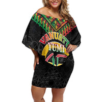 Vanuatu 46th Anniversary Independence Day Off Shoulder Short Dress Melanesian Warrior With Sand Drawing Pattern LT05 Women Black - Polynesian Pride