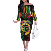 Vanuatu 46th Anniversary Independence Day Off The Shoulder Long Sleeve Dress Melanesian Warrior With Sand Drawing Pattern LT05 Women Black - Polynesian Pride
