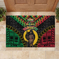 Vanuatu 46th Anniversary Independence Day Rubber Doormat Melanesian Warrior With Sand Drawing Pattern LT05 Black - Polynesian Pride