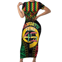 Vanuatu 46th Anniversary Independence Day Short Sleeve Bodycon Dress Melanesian Warrior With Sand Drawing Pattern LT05 Long Dress Black - Polynesian Pride