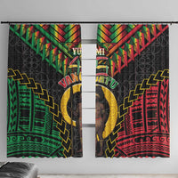 Vanuatu 46th Anniversary Independence Day Window Curtain Melanesian Warrior With Sand Drawing Pattern LT05 With Hooks Black - Polynesian Pride