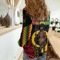 Vanuatu 46th Anniversary Independence Day Women Casual Shirt Melanesian Warrior With Sand Drawing Pattern LT05 - Polynesian Pride