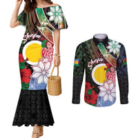Personalised Vanuatu Shefa Day Couples Matching Mermaid Dress and Long Sleeve Button Shirt Floral Pattern LT05 Black - Polynesian Pride