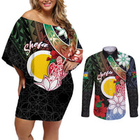 Personalised Vanuatu Shefa Day Couples Matching Off Shoulder Short Dress and Long Sleeve Button Shirt Floral Pattern LT05 Black - Polynesian Pride