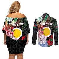 Personalised Vanuatu Shefa Day Couples Matching Off Shoulder Short Dress and Long Sleeve Button Shirt Floral Pattern LT05 - Polynesian Pride