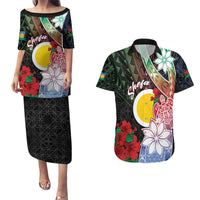 Personalised Vanuatu Shefa Day Couples Matching Puletasi and Hawaiian Shirt Floral Pattern LT05 Black - Polynesian Pride