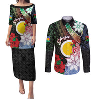 Personalised Vanuatu Shefa Day Couples Matching Puletasi and Long Sleeve Button Shirt Floral Pattern LT05 Black - Polynesian Pride