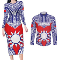 Personalised Taiwan Couples Matching Long Sleeve Bodycon Dress and Long Sleeve Button Shirt Austronesian Tribal Tattoo Red - Polynesian Pride