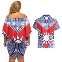 Personalised Taiwan Couples Matching Off Shoulder Short Dress and Hawaiian Shirt Austronesian Tribal Tattoo Red - Polynesian Pride
