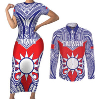 Personalised Taiwan Couples Matching Short Sleeve Bodycon Dress and Long Sleeve Button Shirt Austronesian Tribal Tattoo Red - Polynesian Pride