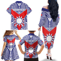 Personalised Taiwan Family Matching Off The Shoulder Long Sleeve Dress and Hawaiian Shirt Austronesian Tribal Tattoo Red - Polynesian Pride
