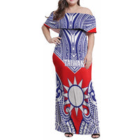 Personalised Taiwan Family Matching Off Shoulder Maxi Dress and Hawaiian Shirt Austronesian Tribal Tattoo Red - Polynesian Pride