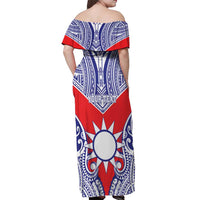 Personalised Taiwan Off Shoulder Maxi Dress Austronesian Tribal Tattoo Red - Polynesian Pride