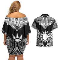 Personalised Taiwan Couples Matching Off Shoulder Short Dress and Hawaiian Shirt Austronesian Tribal Tattoo Black - Polynesian Pride