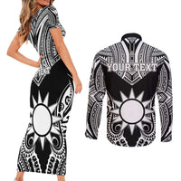 Personalised Taiwan Couples Matching Short Sleeve Bodycon Dress and Long Sleeve Button Shirt Austronesian Tribal Tattoo Black - Polynesian Pride