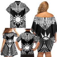 Personalised Taiwan Family Matching Off Shoulder Short Dress and Hawaiian Shirt Austronesian Tribal Tattoo Black - Polynesian Pride
