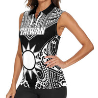 Personalised Taiwan Women Sleeveless Polo Shirt Austronesian Tribal Tattoo Black - Polynesian Pride