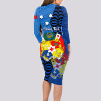 Personalized Tonga Vavau Long Sleeve Bodycon Dress Humpback Whale Coat Of Arms With Ngatu Pattern LT05 - Polynesian Pride