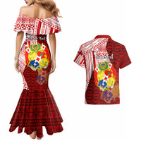 Personalized Tonga Niuas Couples Matching Mermaid Dress and Hawaiian Shirt White Tailed Tropicbird With Ngatu Pattern LT05 - Polynesian Pride