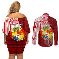 Personalized Tonga Niuas Couples Matching Off Shoulder Short Dress and Long Sleeve Button Shirts White Tailed Tropicbird With Ngatu Pattern LT05 - Polynesian Pride