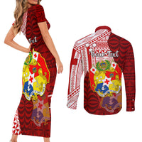 Personalized Tonga Niuas Couples Matching Short Sleeve Bodycon Dress and Long Sleeve Button Shirts White Tailed Tropicbird With Ngatu Pattern LT05 - Polynesian Pride