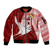 Personalized Tonga Niuas Sleeve Zip Bomber Jacket White Tailed Tropicbird With Ngatu Pattern LT05 Unisex Red - Polynesian Pride