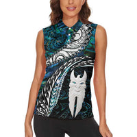 New Zealand Aotearoa Women Sleeveless Polo Shirt Maori Hei Rehua Paua Shell Glitter Green