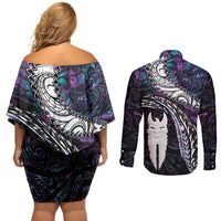 New Zealand Aotearoa Couples Matching Off Shoulder Short Dress and Long Sleeve Button Shirt Maori Hei Rehua Paua Shell Glitter Purple