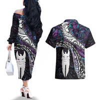 New Zealand Aotearoa Couples Matching Off The Shoulder Long Sleeve Dress and Hawaiian Shirt Maori Hei Rehua Paua Shell Glitter Purple