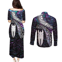 New Zealand Aotearoa Couples Matching Puletasi and Long Sleeve Button Shirt Maori Hei Rehua Paua Shell Glitter Purple