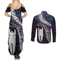 New Zealand Aotearoa Couples Matching Summer Maxi Dress and Long Sleeve Button Shirt Maori Hei Rehua Paua Shell Glitter Purple