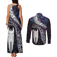 New Zealand Aotearoa Couples Matching Tank Maxi Dress and Long Sleeve Button Shirt Maori Hei Rehua Paua Shell Glitter Purple