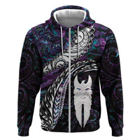 New Zealand Aotearoa Zip Hoodie Maori Hei Rehua Paua Shell Glitter Purple