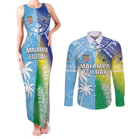 Personalised Happy Malampa Fiji Day Couples Matching Tank Maxi Dress and Long Sleeve Button Shirt Half Mix Style LT05 Blue - Polynesian Pride