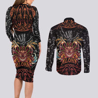 Aloha Halloween Couples Matching Long Sleeve Bodycon Dress and Long Sleeve Button Shirt Horror Tiki Heavy Metal Style - Polynesian Pride