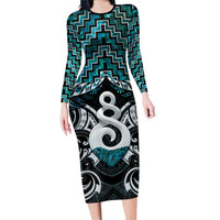 New Zealand Maori Long Sleeve Bodycon Dress Poutama Pikorua Turquoise Paua Shell