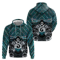 New Zealand Maori Zip Hoodie Poutama Pikorua Turquoise Paua Shell