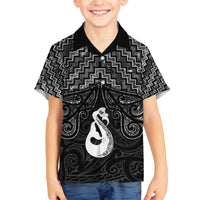 New Zealand Maori Family Matching Off The Shoulder Long Sleeve Dress and Hawaiian Shirt Poutama Manaia Black Paua Shell